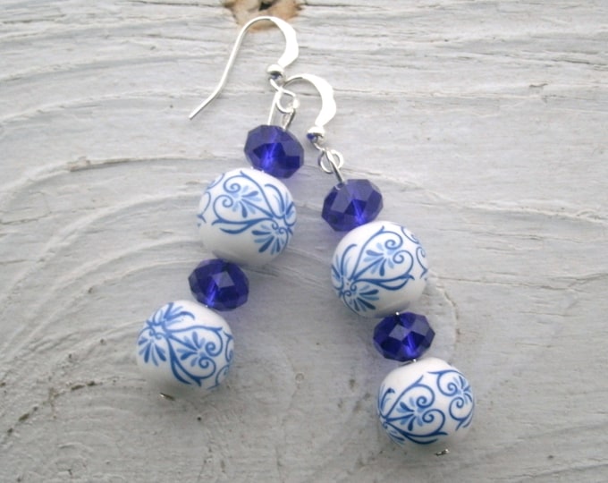 Porcelain Blue Floral on white Earrings with Cobalt blue crystal rondelle beads, beautifully feminine look, sterling silver plated wires