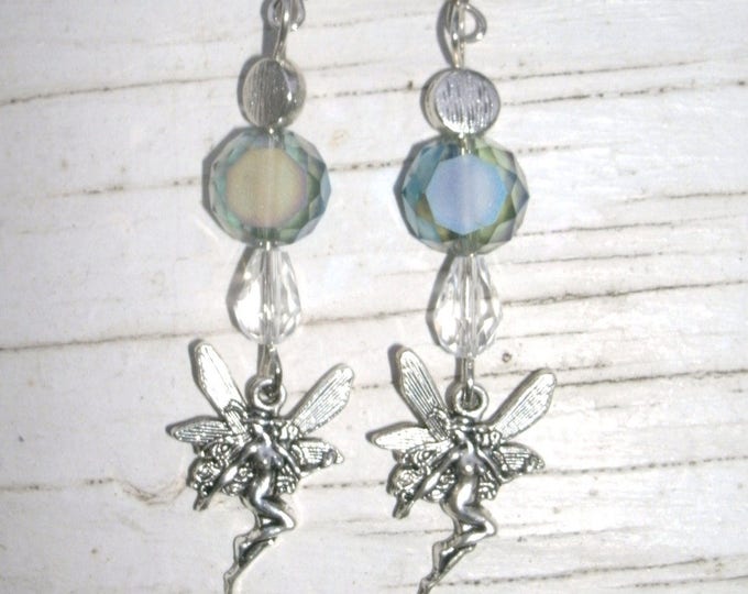 Crystal Fairy dangle earrings, teardrop crystals,crystal beads, blue tones to clear tones, fishhook style wires, OOAK gift, fantasy earring