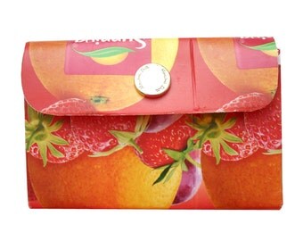 Recycled paper wallet orange strawberry juice Tine carton strong paper purse Norwegian text pouch cardboard portemonnee gift idea for her