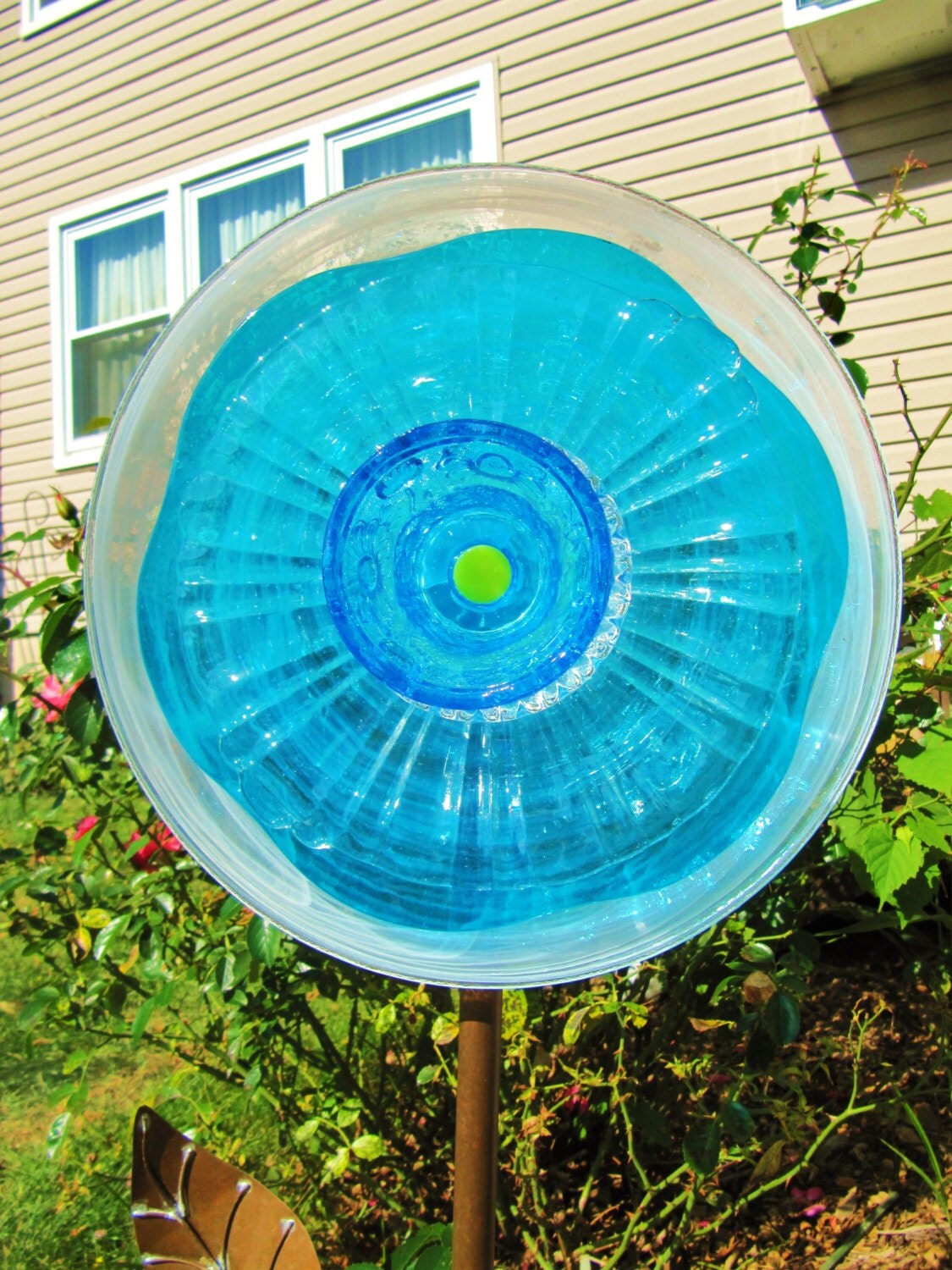 vintage glass plate flower yard art repurposed glass
