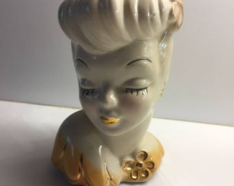 Vintage 1940's Glamour Girl Lady Head Vase gold and yellow