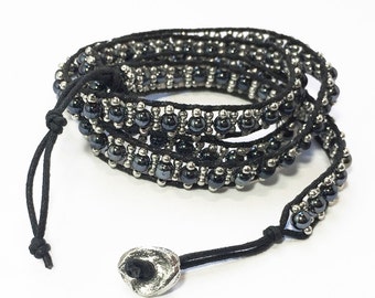 Wrap Bracelet Silver Bracelet Boho Jewelry Bead Bracelet Bohemian Black Cord Bracelet