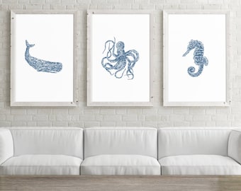 Set of 3 Large Printable Art, 24x36 Prints, Ocean Decor, Whale Art, Octopus Art, Seahorse Art, Navy Blue Wall Art, Set of 3 Prints Download