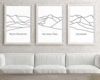 Set of 3 Large Wall Art, Colorado Rocky Mountain National Park, Printable Art, Mountain Art, 24x36 Minimalist Poster, Black and White Print