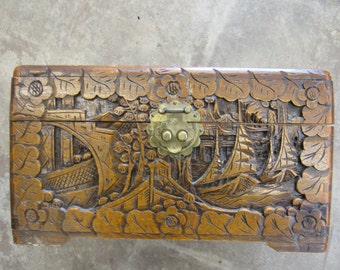 Vintage Large Carved Cedar Japanes Wood Box