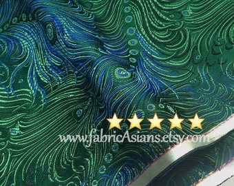 Peacock Fabric. Oriental Fabric. Feather fabric. Green brocade
