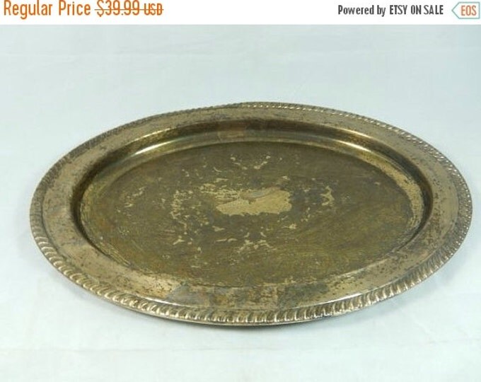 Storewide 25% Off SALE Antique Classically Enscribed Silver Plated Oval Service Tray Featuring Decorative Rope Trim Embellishments