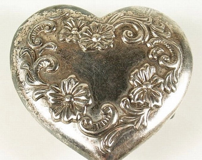 Storewide 25% Off SALE Beautiful Vintage Silver Tone Engraved Heart Shaped Belt Buckle Featuring Elegantly Scrolled Floral Design