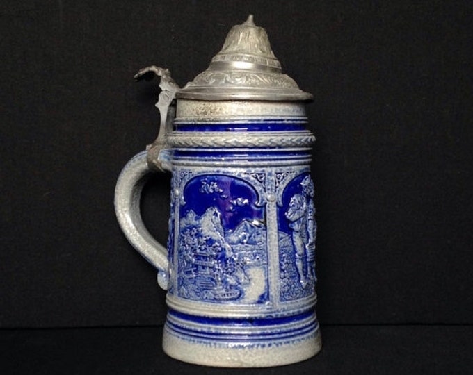 Storewide 25% Off SALE Antique Authentic Reinhold Hanke #1302 German Cobalt Stoneware Beer Stein Featuring Raised Blue Salt Glaze Design Wit