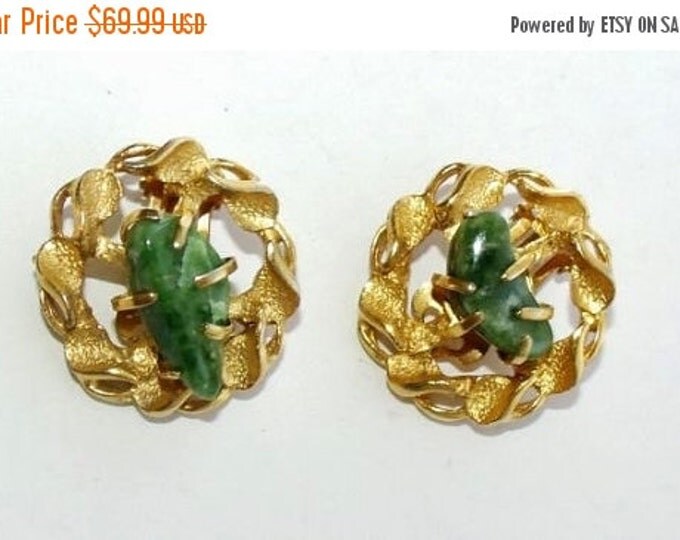 Storewide 25% Off SALE Vintage Coral Reef Inspired Gold Tone Designer Earrings Featuring Jade Turquoise Bean Stone Centers