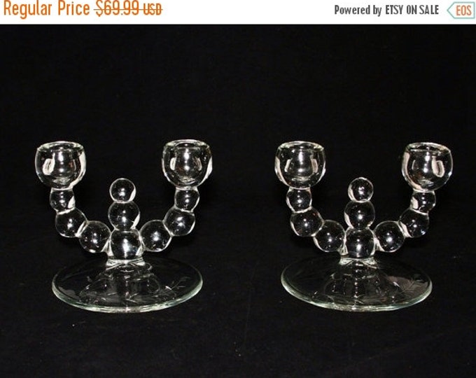 Storewide 25% Off SALE Vintage Bubble Clear Crystal Glass Double Stemmed Matching Candlestick Holders Featuring Elegant Etched Base Design