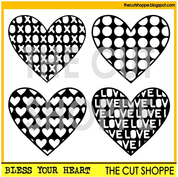 The Bless Your Heart cut file set includes 4 heart designs, that can be used for your scrapbooking and papercrafting projects.