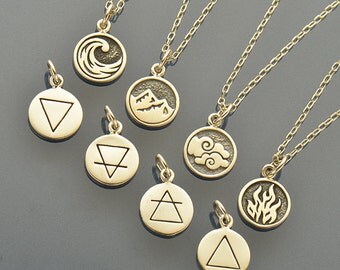 Sterling Silver Elemental Charm Necklace. Earth Element Charm. Fire Element. Air Element. Water Element.