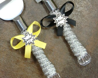 Superhero Wedding Cake Knife Set, Super Hero Wedding Cake Servers and Knives, Metallic Silver Cake Server Set, Nerd Wedding Cake Serving Set