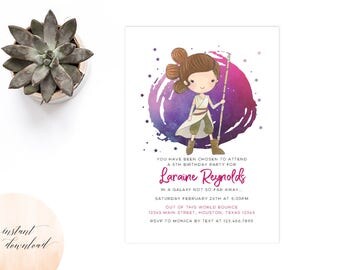 star wars birthday invitation, star wars invitation, star wars invite, girl star wars invitation, star wars girl, rey invitation