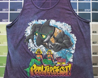 Vintage funny tank top | shark tank top | cartoon shark shirt | paper thin tanks | Pooltergeist | distressed tank top men | see through top