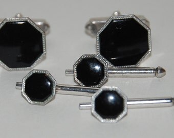 Genuine Vintage ca 1950s Formal Tuxedo Studs and Links Set in black by Swank-- Free Shipping!