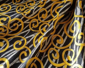 Striking Antique French Double-sided Fringed Black & Gold Silky Scarf / Wrap-Stunning Design,Beautiful Unique Item.....