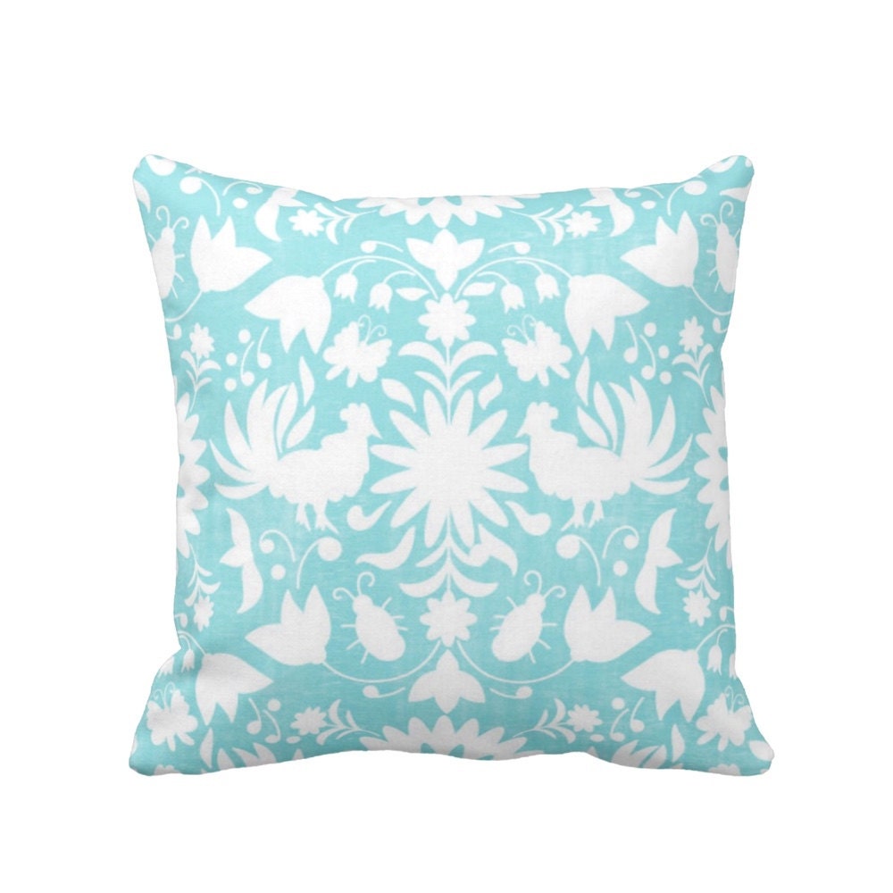 Otomi Throw Pillow, Aqua & White Boho Mexican Animal, Nature Print 16 or 20 Square OUTDOOR or ...