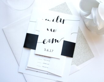 Black and Silver Wedding Invitation, Silver and Black Wedding Invites, Calligraphy Wedding Invitations - Deposit