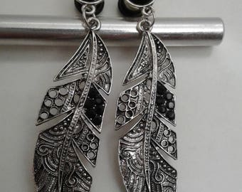 Antique silver feather style with black rhinestone ear plugs 2g, 4g, 6g