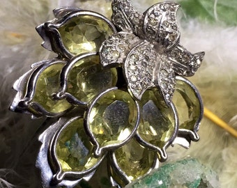 RARE Penino Peridot and Rhodium Sweater Clip or Pin Circa 1930-1940 Immaculate and Beautiful with Pavee Rhinestones and clear yellow petals
