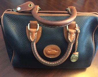 Rare Authentic Dooney And Bourke Vintage Doctor's Bag, 1981-1982,Speedy Bag, Top Handle, Black and British Tan Pebbled Leather, NC Estate.