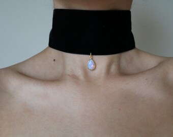 Thick Embellished Velvet Choker (2 inch) - Opal Choker - Wide Velvet Choker