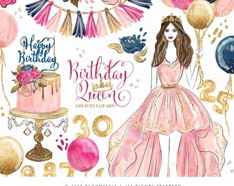 Birthday Queen Clip Art | Fashion Illustration Glam Girl Balloon Cake Celebration Graphics | Planner Stickers Digital Resources Cliparts