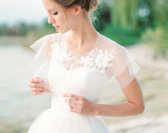 Silk tulle lace bridal capelet, lace bridal cover up, silk tulle cape, tulle shrug, tulle bolero, Style A01