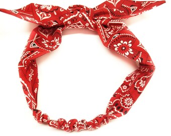 Red - Bandana Rockabilly Top Knot Headband, Paisley Headwrap,Red Baby bandana ,Red Head Scarf,Red Paisley knot headband, photo prop,Top knot