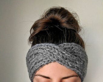 Knit Turban Headband, Boho Knit Ear Warmer, Knit Turban Ear Warmer, Knitted Ear Warmer Headband, Gray Knit Earwarmer, Turban Headband Women