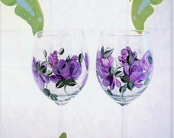 Hand Painted Wine Glasses Large Roses