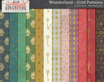 Alice In Wonderland Paper Pack, Gold Pattern Papers, Instant Download, Luxury Backgrounds, Mad Hatter Tea Party, Digital Scrapbooking