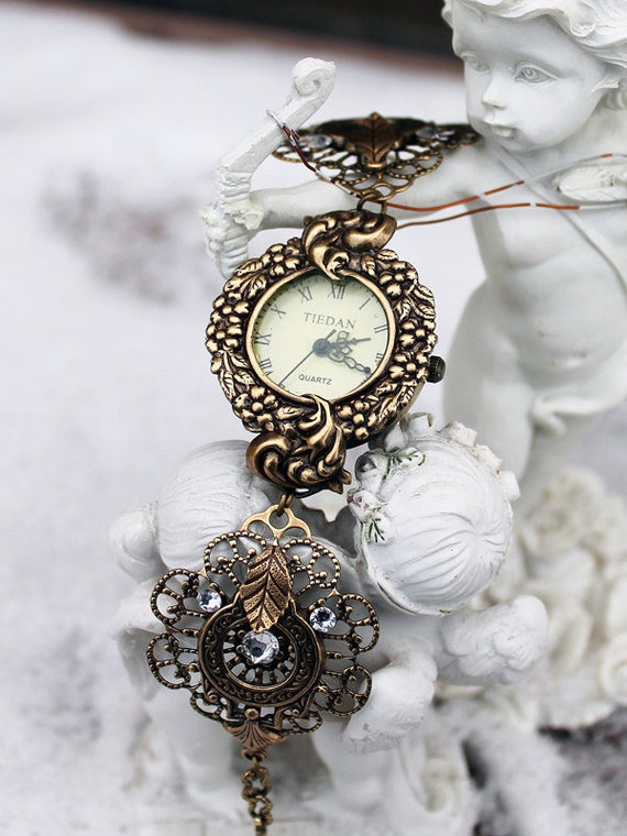 Vintage oxidized brass swarovski white watch by DreamCloudJewelry steampunk buy now online Vintage oxidized brass swarovski white watch by DreamCloudJewelry steampunk buy now online