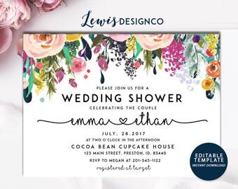 Wedding Shower Invitation | Floral Bridal Shower Card | Couples Shower Invite | Editable Card Print Yourself Instant Download