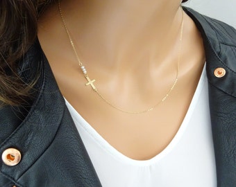 Delicate Sideways Cross Necklace with three tiny Freshwater pearls, Holy trinity Necklace, Layering Necklace, Baptism, Christening jewelry