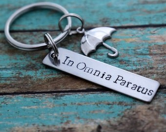 In Omnia Paratus Hand Stamped Keychain with Umbrella Charm *Gilmore Girls*Ready for Anything*Life and Death Brigade*