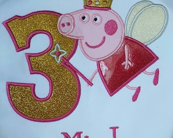 Peppa pig birthday shirt w/optional matching hairbow, custom peppa pig birthday shirt, peppa pig gold and pink, pig birthday shirt, pink pig
