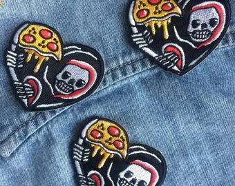 Grim Reaper Pizza Patch, Pizza Lover Heart Patch, Stick On Patch