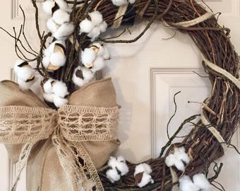 Cotton Grapevine Wreath with Burlap and Mossy Branches; Country Decor Wreath; Primitive Decor Wreath; Rustic Decor Wreath with Burlap Cotton