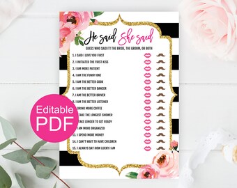 He Said She Said Editable Game, Kate Bridal Shower Games Printable, Bride Or Groom Game, Guess Who Said It Wedding Shower Game, Bachelorette