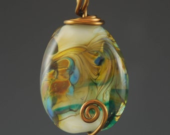 Glass Pendant, Blue, Lampwork Bead, Gold Tone Necklace, Tammie Mabe, Wire Wrapped, Brass Wire, Handmade, Artisan Jewelry, Made in USA, SRA