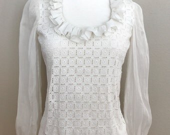 Early 1900's Victorian Cotton Eyelet Blouse w/ Ruffle Neckline