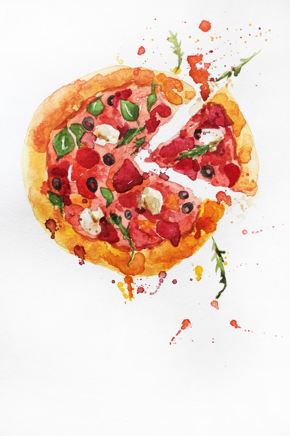 Original watercolor painting Pizza art food watercolor