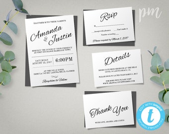 Printable Wedding Invitation Template, Printable Invitation Suite, Complete Invitation Set, Instant Download Modern Wedding Template