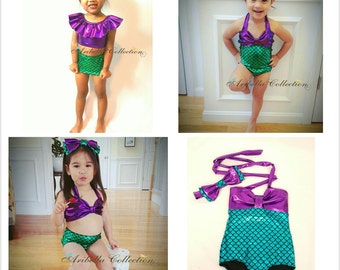 Mermaid Swimsuit, One Piece, Two Piece, Ruffle Top, Girls, Baby, Little Mermaid Costume, Bathing Suit, Swim Suit, Birthday, Toddler, Bikini