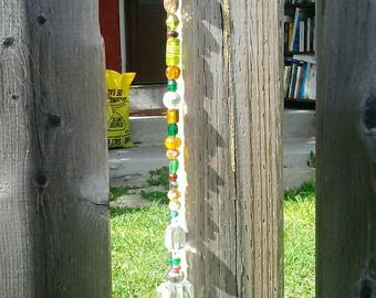 Long green gold and brown crystal bohemian suncatcher, crystal suncatcher, bohemian wind chime, crystal wind chime, glass suncatcher, boho