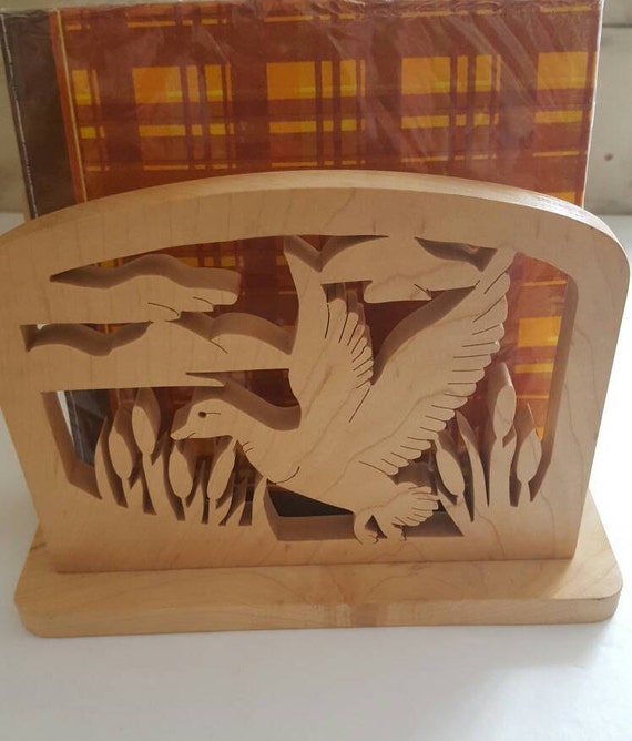 Duck Nature Maple Wood Napkin Holder. Scroll Saw. Intricate