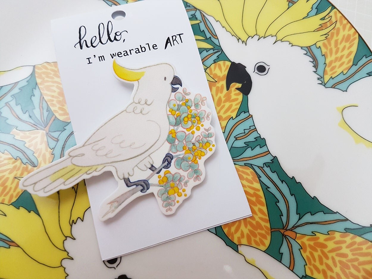 Quirky Cockie Brooch on Silvery Wattle Hand Made Shrinky Pin